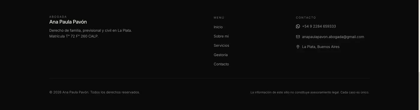 Footer del sitio — menú, datos de contacto y nota legal