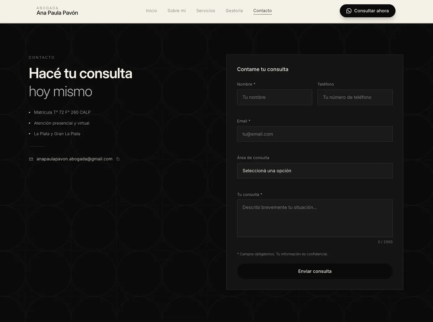 Sección Contacto — formulario de consulta con datos de contacto