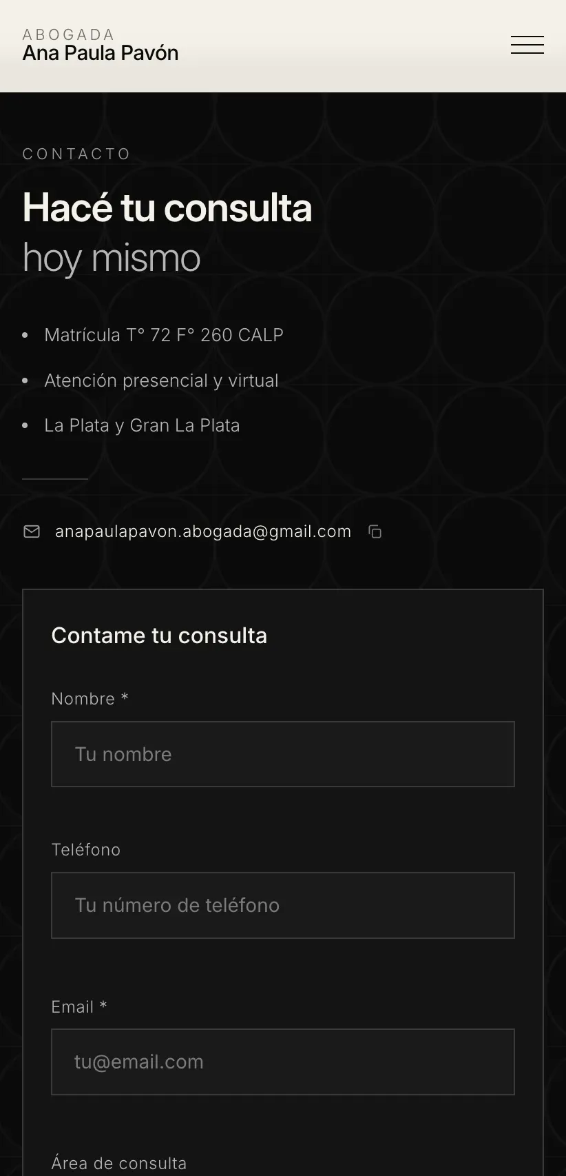 Sección Contacto del sitio de APP Abogada en mobile — formulario de consulta adaptado al teléfono
