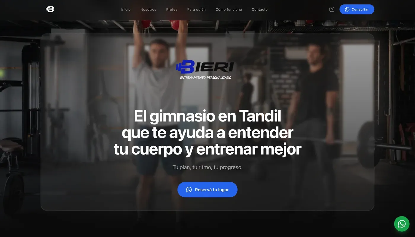 Home del sitio de Bieri en desktop — titular 'El gimnasio en Tandil que te ayuda a entender tu cuerpo' y CTA para reservar lugar