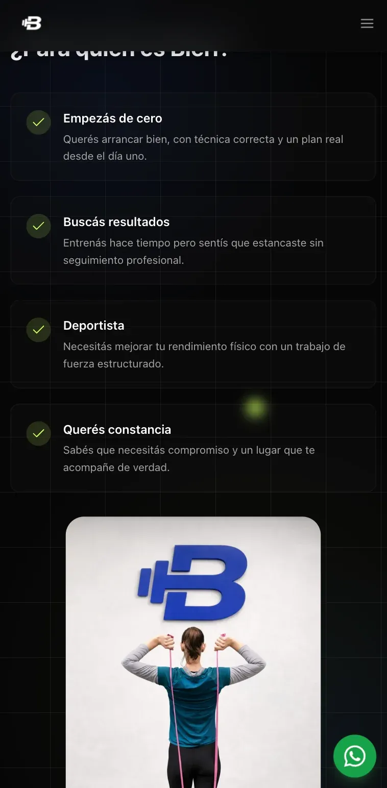 Sección Para quién es Bieri en mobile — lista de perfiles: empezás de cero, buscás resultados, deportista, necesitás constancia