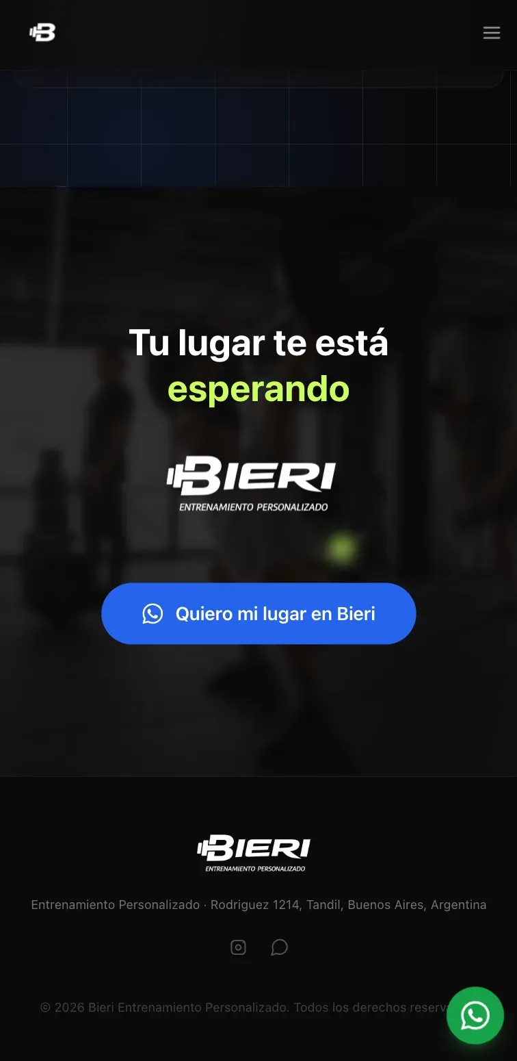 Cierre del sitio de Bieri en mobile — 'Tu lugar te está esperando' con CTA para reservar