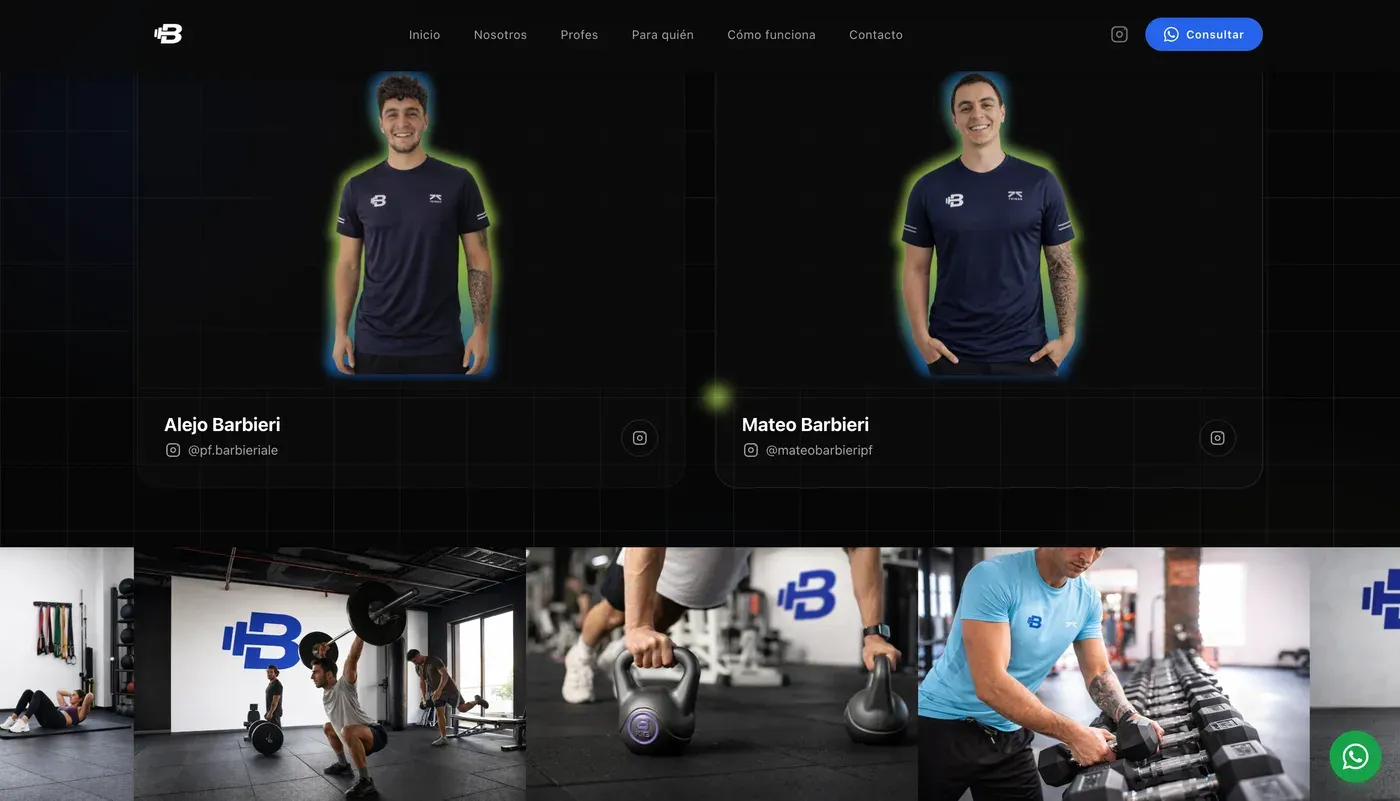 Sección Profes — Alejo y Mateo Barbieri, entrenadores de Bieri, sobre una franja de fotos del gimnasio