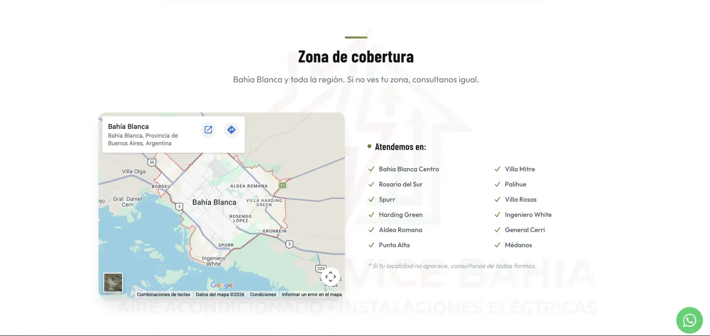Zona de cobertura — mapa de Bahía Blanca y listado de localidades atendidas, de Punta Alta a Médanos