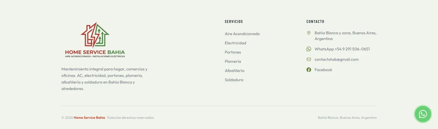 Footer del sitio — logo de Home Service Bahia, listado de servicios y datos de contacto