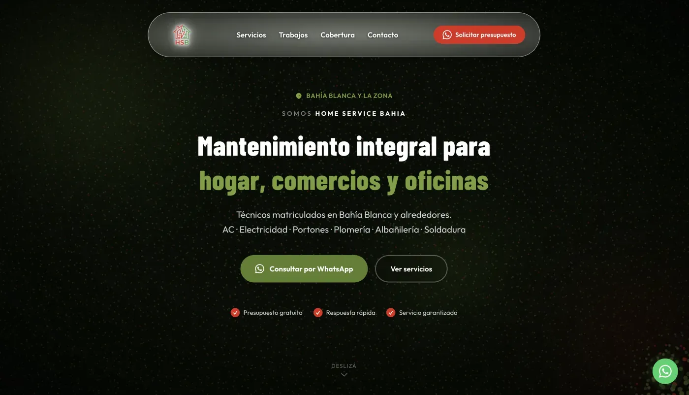 Home del sitio de Home Service Bahia en desktop — titular 'Mantenimiento integral para hogar, comercios y oficinas' y CTA de consulta por WhatsApp