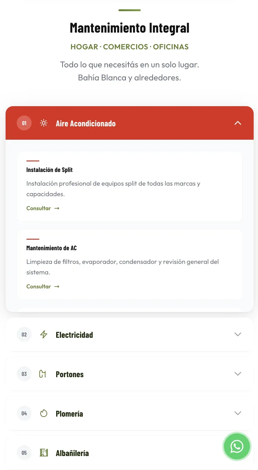 Catálogo de servicios en mobile — acordeón por rubro con Aire Acondicionado abierto: instalación de split y mantenimiento de AC