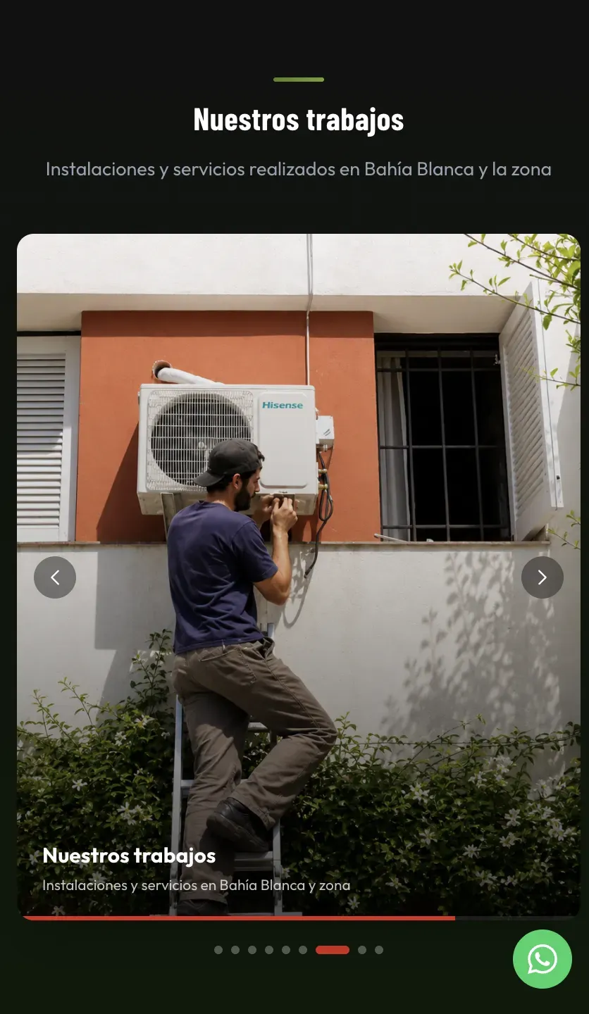 Sección Nuestros trabajos en mobile — carrusel de instalaciones y servicios realizados en Bahía Blanca y la zona